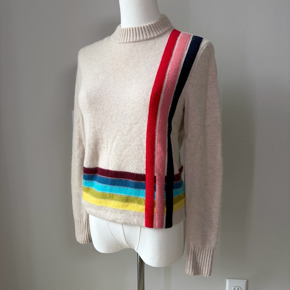 Tory Burch Oatmeal Rainbow Stripe Cashmere Crewneck Sweater